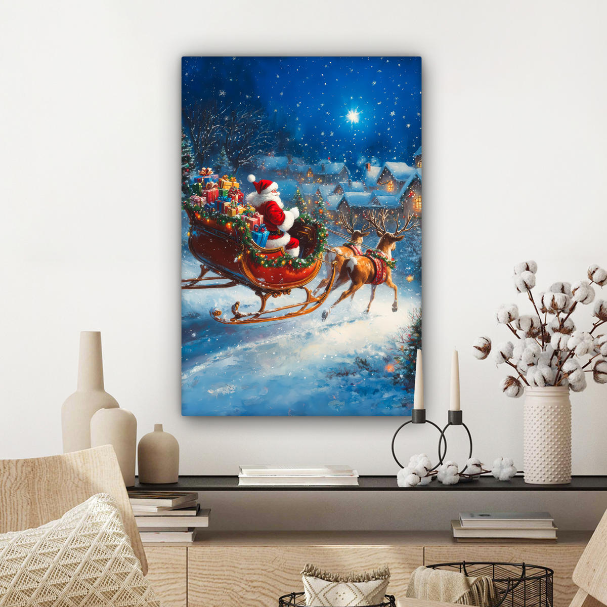 LEINWANDBILD Weihnachtsmann - Rentier - Weihnachten - Schnee Wanddeko Schlafzimmer 60x90 cm - Cognac, Textil (60/90cm) - MuchoWow