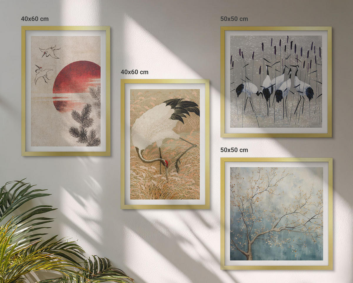 BILDER SET 4er Set - 50x50 cm & 40x60 cm Goldrahmen - Japanische Kraniche Landschaft - Goldfarben, Kunststoff (50/50cm) - TULUP
