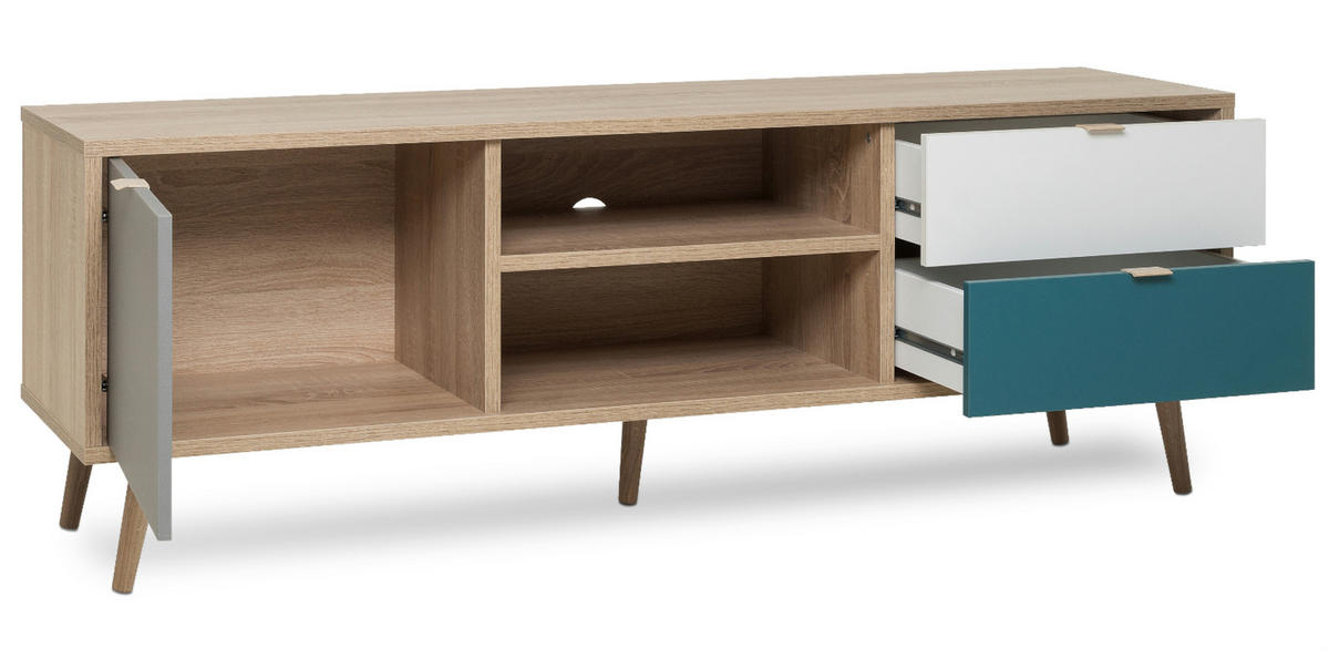 TV-LOWBOARD Eiche Sonoma, Petrol, weiß und grau, Fernsehtisch Tricolor skandinavisch - Eichefarben/Petrol, Holz/Holzwerkstoff (150/52/40cm) - Furn.Design