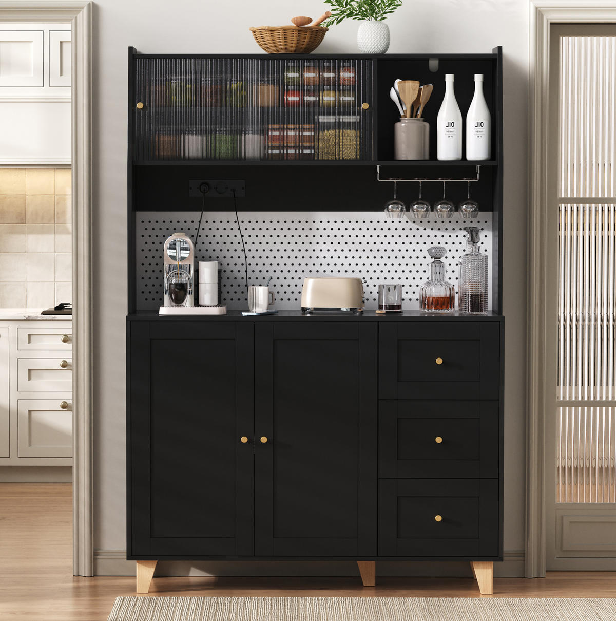 KÜCHENOBERSCHRANK 120/40/184 cm in Schwarz mit Schubladen, Steckdosen und Fluted Glas - Schwarz, Holzwerkstoff (120/184/40cm) - BEAOK