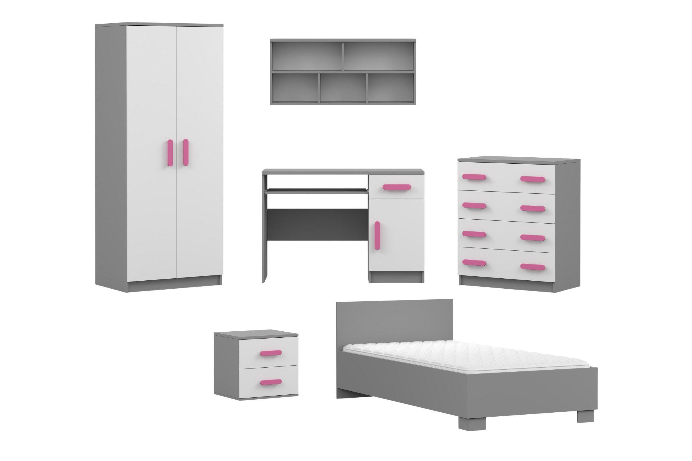 Deine Möbel 24 Kinderzimmer-Set Weiß, Grau, Rosa 419x193x206 cm