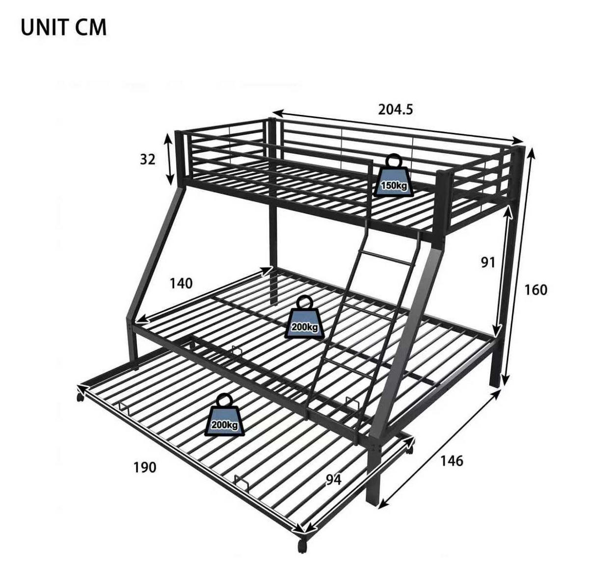 ETAGENBETT aus Metall 90/140x200 cm Schwarz mit Ausziehbett, hohe Belastbarkeit und 3 Schlafplätze - Schwarz, Metall (140/200cm) - Modfu