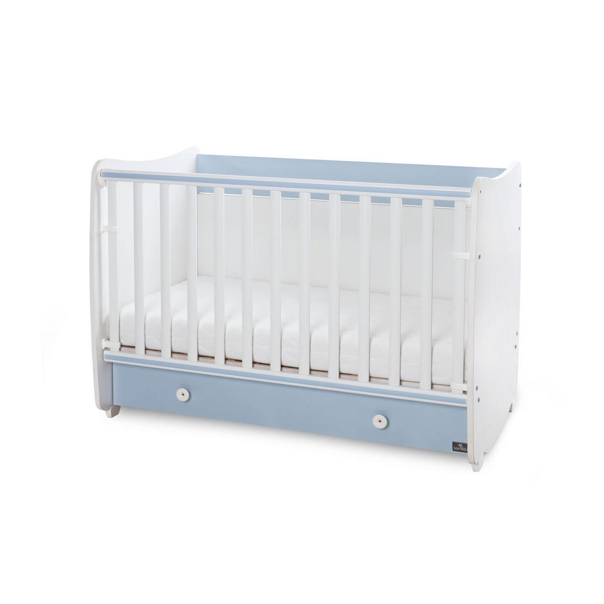 BABYBETT Dream NEW weiß blau 140 x 70 cm, Schaukelbett, Schreibtisch, Schublade, Hubgitter - Blau, Holzwerkstoff (70/140cm) - Lorelli