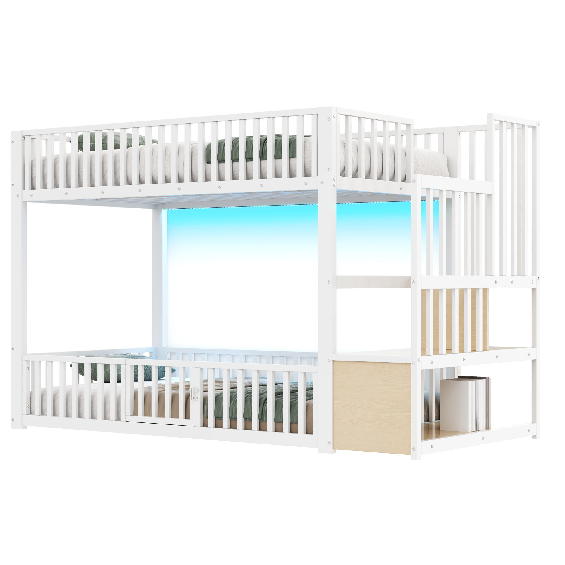 ETAGENBETT 90/200 cm mit LED, Stauraumleiter und Schutzgitter, MDF und Metall, Weiß - Weiß, Holzwerkstoff (90/200cm) - Redom