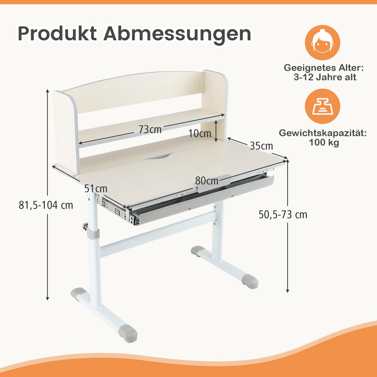 KINDERSCHREIBTISCH Höhenverstellbarer grau - Grau, Metall (80/81.5/51cm) - COSTWAY