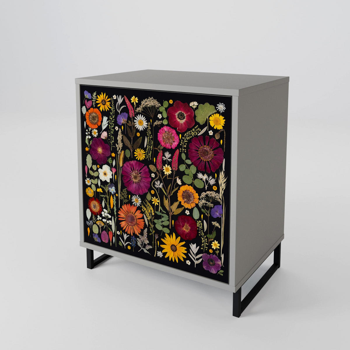 SIDEBOARD MIDNIGHT GARDEN, Grau, 57,5x42x72,5 cm, Schwarze Metallfüße - Multicolor/Schwarz, Holzwerkstoff/Metall (57.5/72.5/42cm) - SpaceRebels