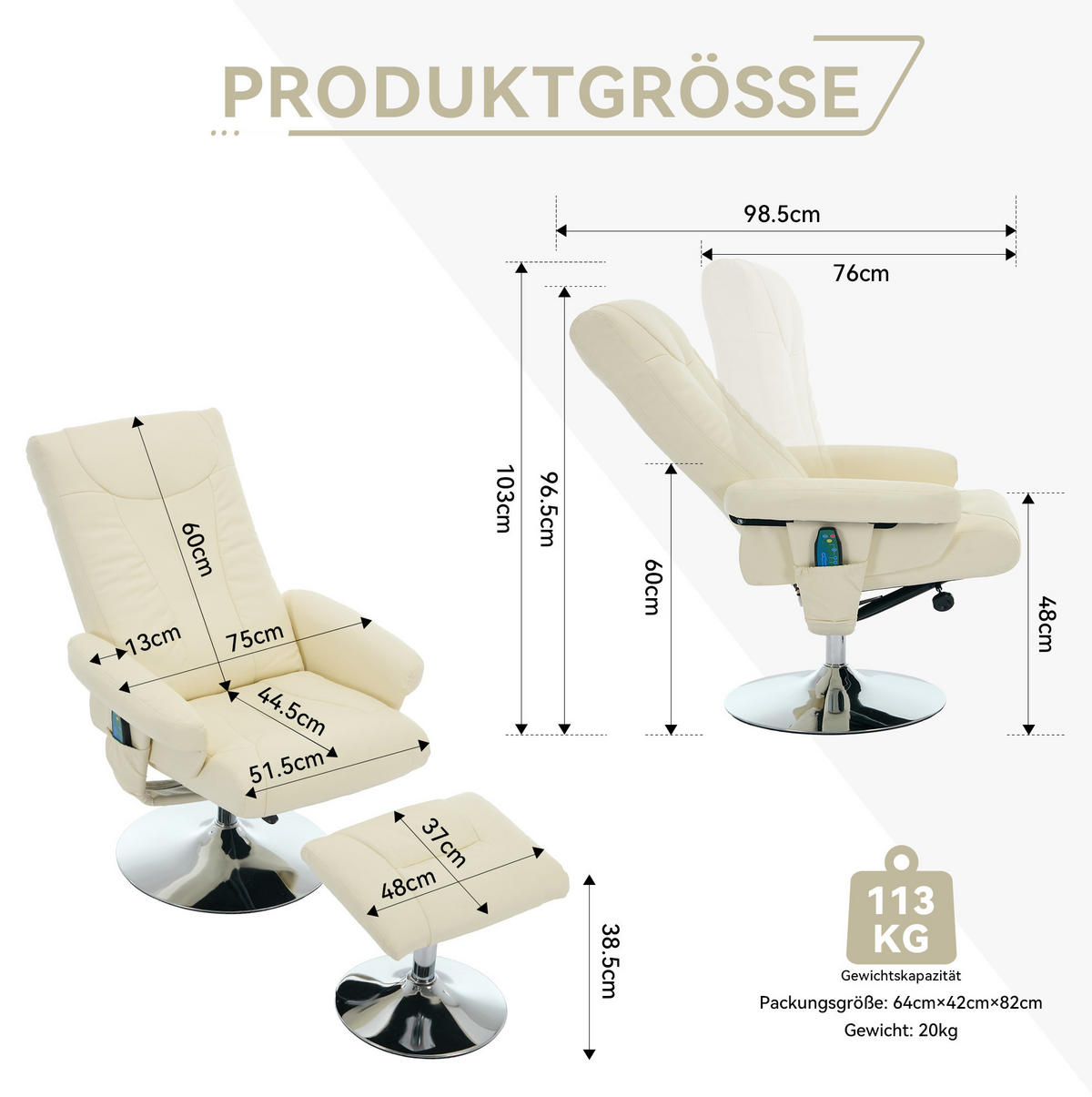RELAXSESSEL PU mit Massage und Sitzheizung inklusive Hocker 76/75/103 cm Beige - Beige, Kunststoff (75/103/76cm) - Redom