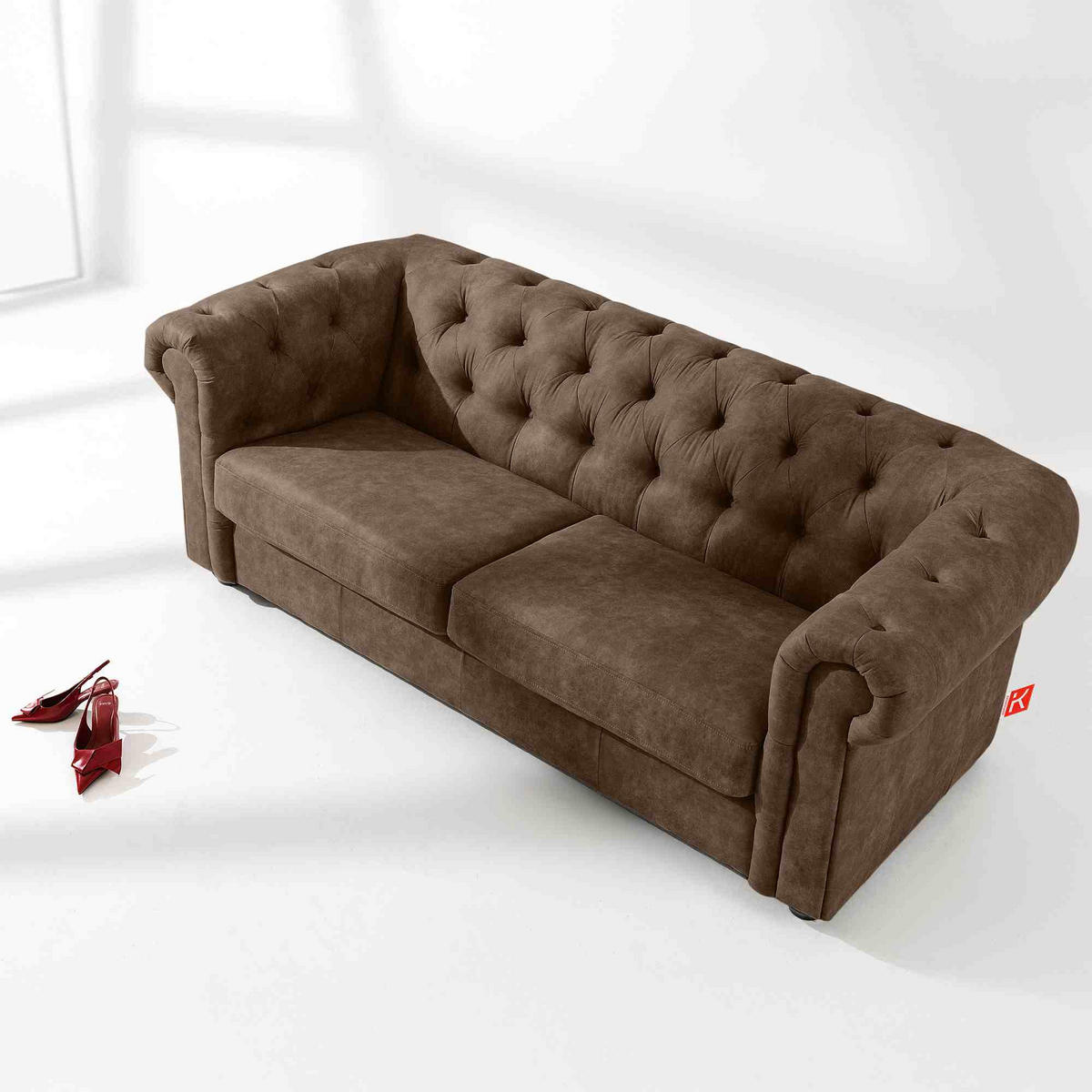 3-SITZER-SOFA GRAVO Chesterfield, Kunstleder - Wengefarben/Dunkelbraun, Leder/Holz (202/72/95cm) - KONSIMO®