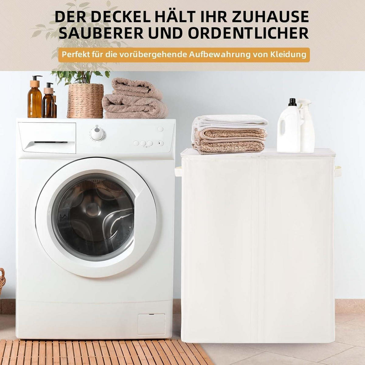 WÄSCHEKORB mit Deckel 160L 3 Fächer Beige - Weiß, Textil (39/69/59cm)