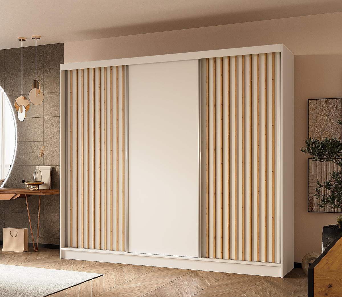 SCHWEBETÜRENSCHRANK Cabinio Weiß Eiche Artisan 240/216/61 cm – Modern, mit Lamellen - Walnussfarben/Weiß, Holzwerkstoff/Kunststoff (240/216.1/61cm) - AX Living