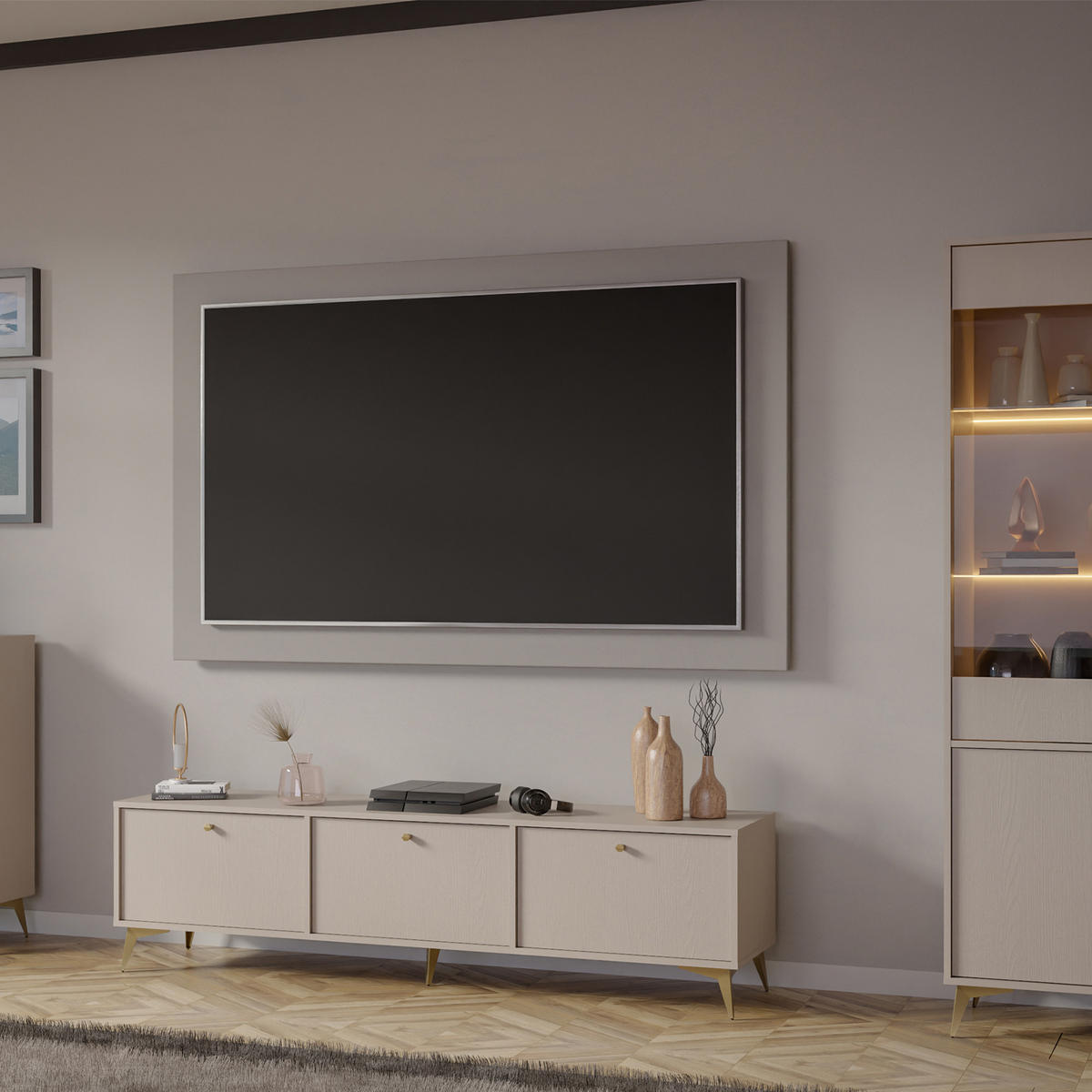 TV-LOWBOARD FLOREN, Creme/Gold - Creme, Holzwerkstoff/Metall (180/48.5/40.8cm) - KONSIMO®