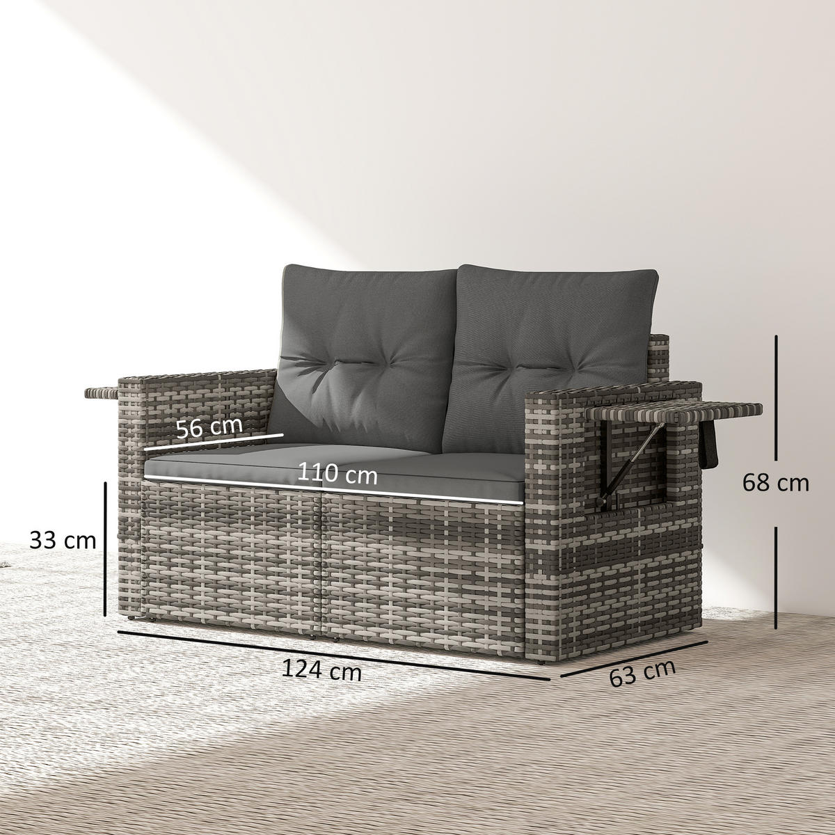 2-SITZER-RATTANSOFA PE-Rattan Stahl Hellgrau - Hellgrau/Schwarz, Kunststoff/Textil - Outsunny