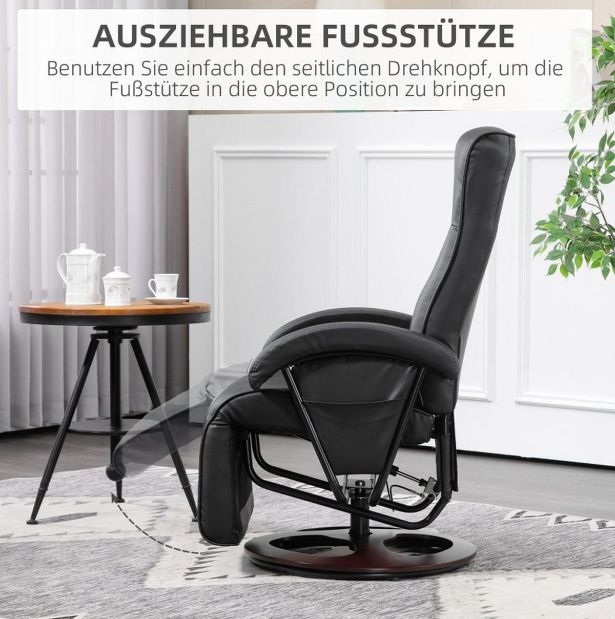 RELAXSESSEL in Schwarz 66x86x107 cm mit Fußstütze, 360° drehbar und bis 135° neigbar - Schwarz, Kunststoff (86/107/66cm) - IVMEU