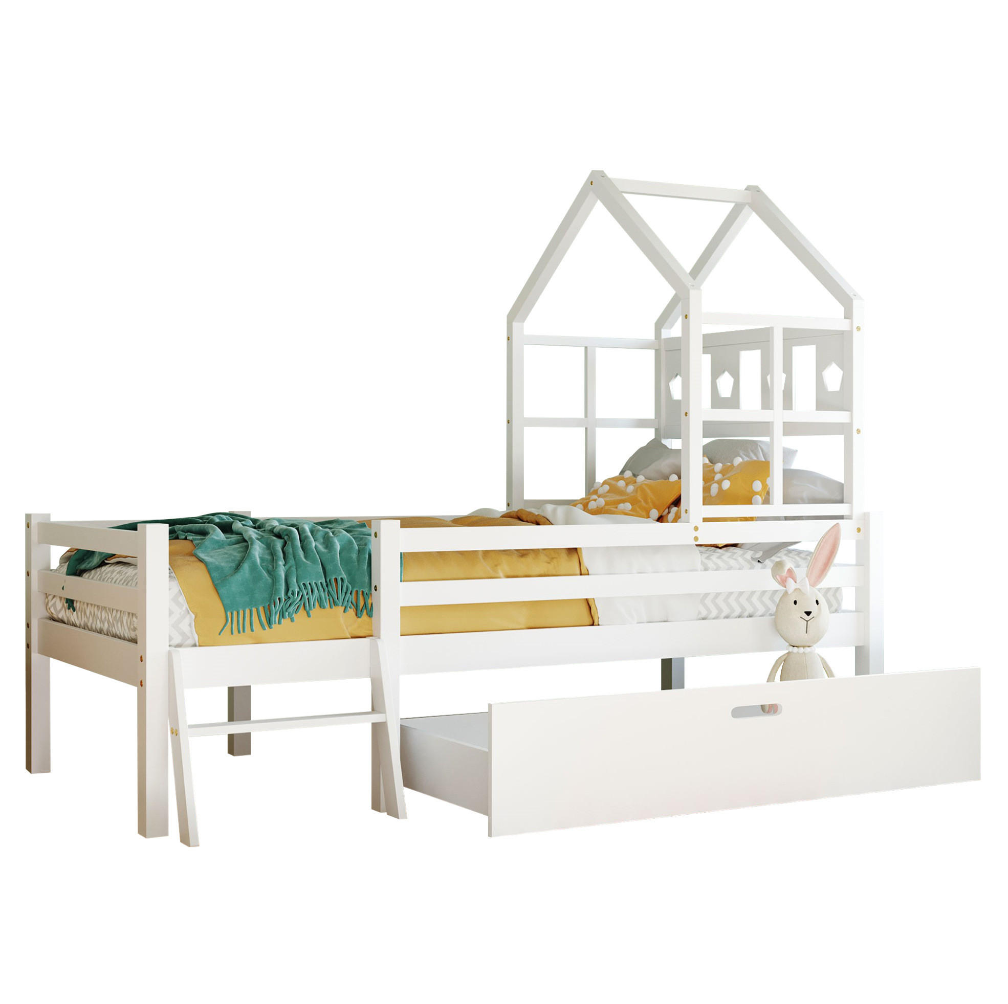 HOCHBETT 90/200 cm Weiß aus Massivholz mit Leiter und Schublade - Weiß, Holz (90/200cm) - Flora Grace