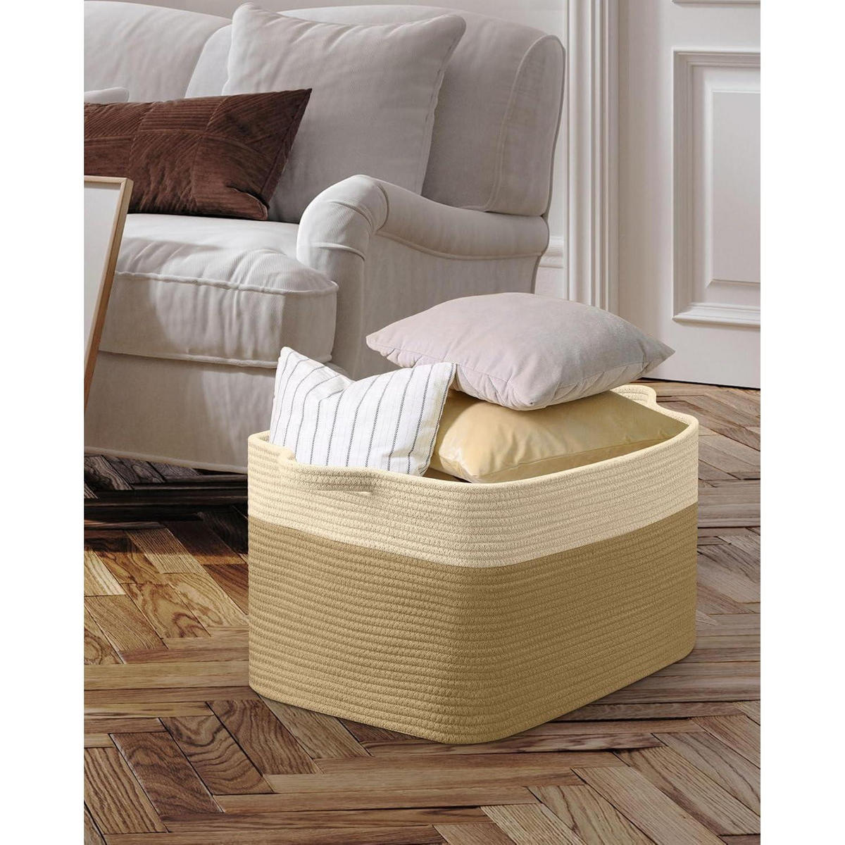 WÄSCHEKORB 2-teiliges Set Baumwolle 63L Jute & Weiß - Multicolor, Naturmaterialien (55/38/30cm)