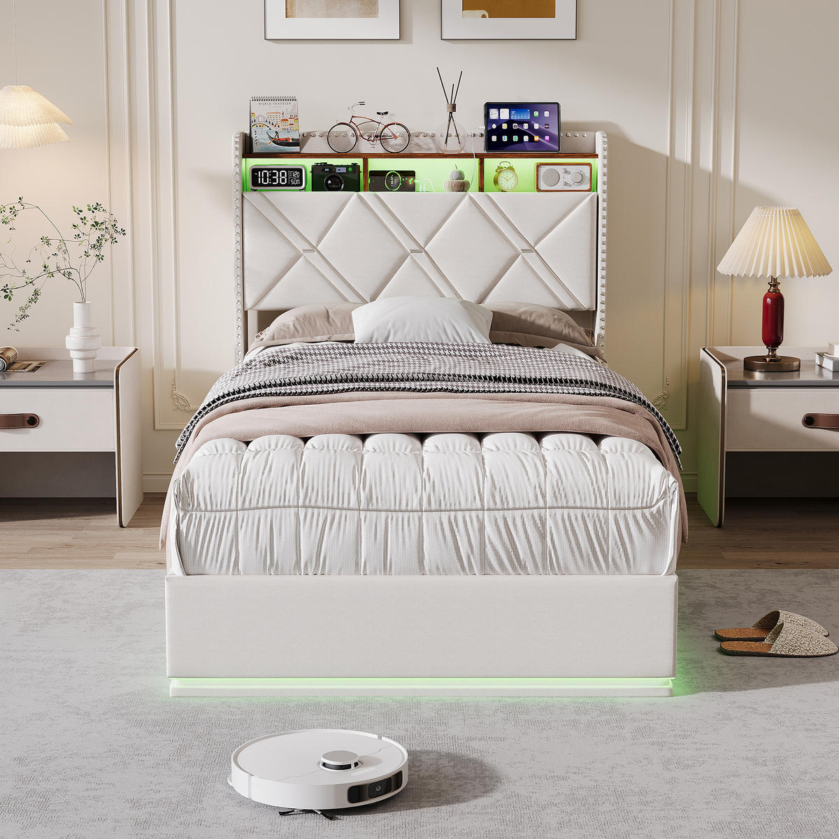 POLSTERBETT 90/200 cm Beige mit hydraulischem Stauraum, LED mit Ablage und USB - Beige, Metall (90/200cm) - EuroLiving