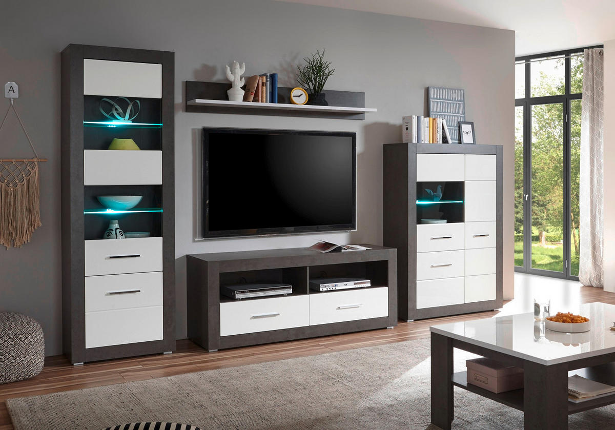 TV-LOWBOARD weiß Hochglanz, grau Stone, TV Unterteil mit Komforthöhe 150 cm - Chromfarben/Weiß Hochglanz, Holzwerkstoff/Kunststoff (150/61/45cm) - Furn.Design