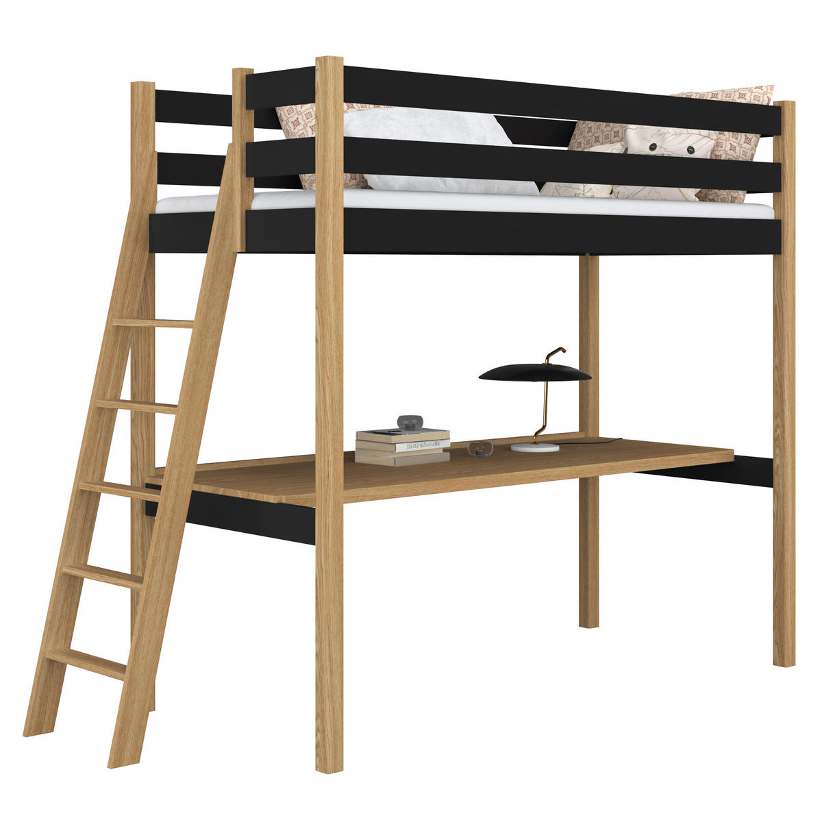 HOCHBETT N02 mit Schreibtisch Schwarz / Eiche Natur 80/200 - Schwarz/Eiche Artisan, Naturmaterialien/Holz (80/200cm) - N-Wood