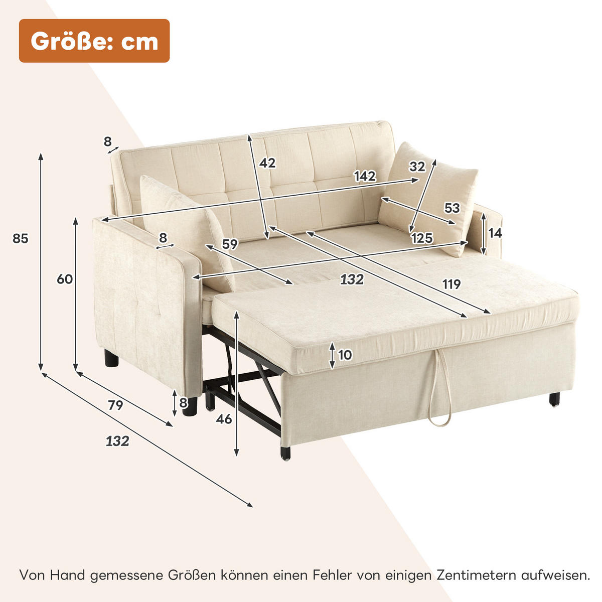 SCHLAFSOFA Chenille mit Ausziehfunktion und 2 Kissen Beige 142/79/85 cm - Beige, Textil (79/85/142cm) - Redom