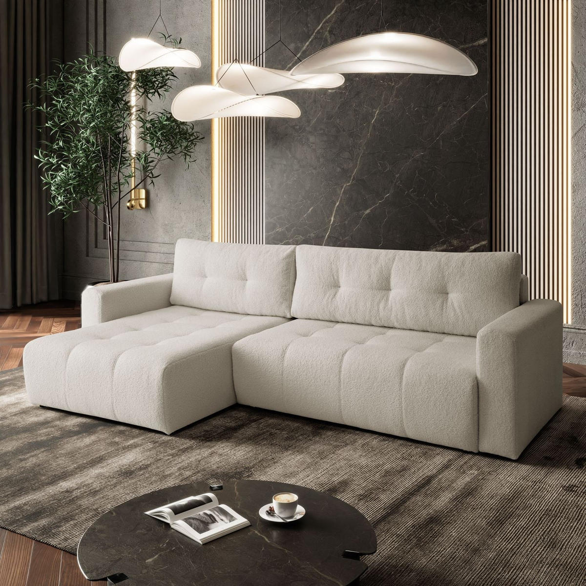 ECKSOFA ASTON mit Schlaffunktion und Bettkasten - Ecru, Textil (261/143cm) - Lookway