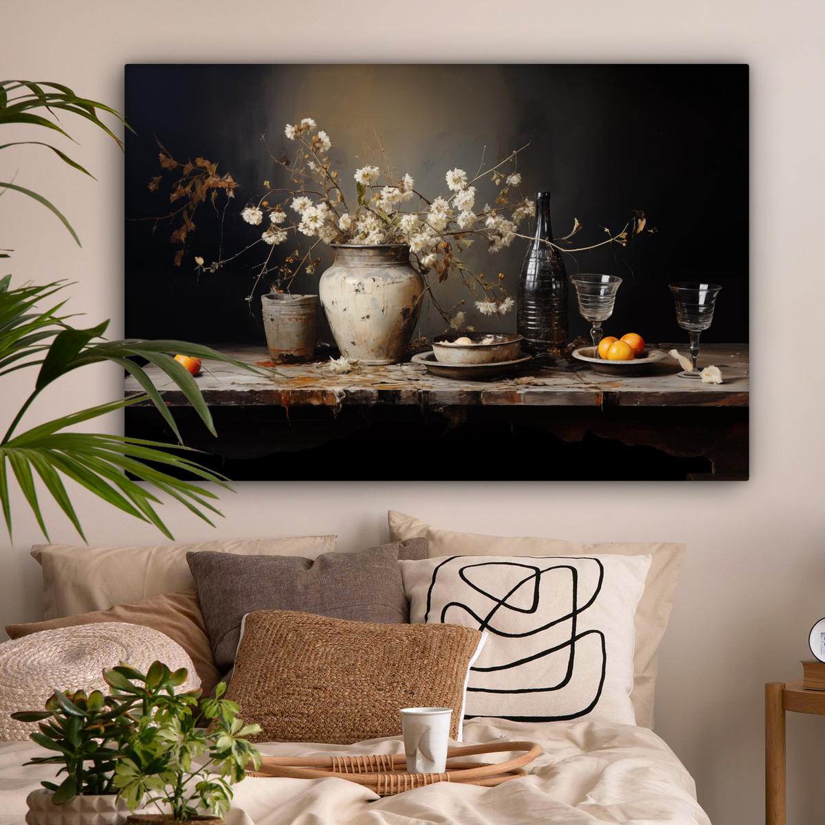 LEINWANDBILD Stilleben - Blumen - Blumenstrauß - Vase - Wein Groß 140x90 cm - Schwarz, Textil (140/90cm) - MuchoWow