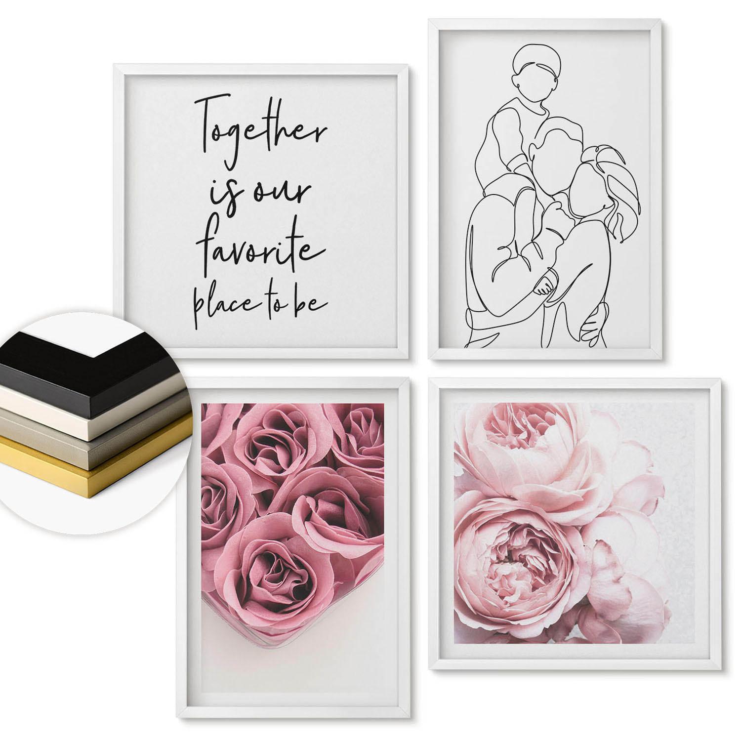 WANDBILDER 4er-Set - 50x50 cm & 40x60 cm Weißer Rahmen - Rosensträuße als Familienzeichnung - Weiß, Kunststoff (50/50cm) - ArtPrintCave