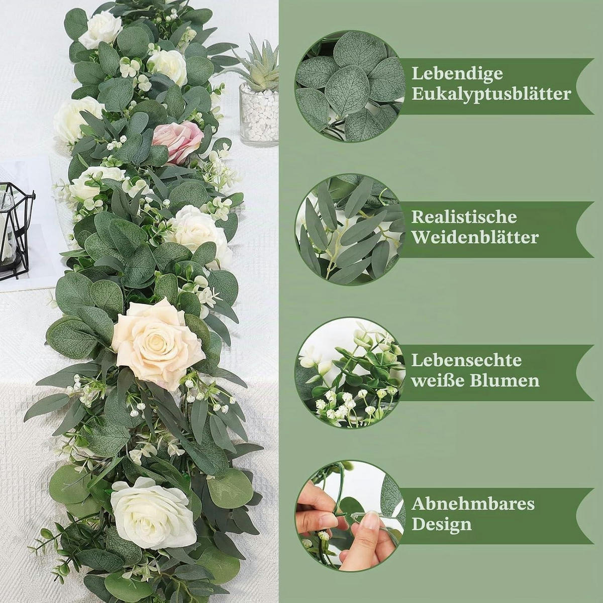 GIRLANDE 2-teiliges Set Eukalyptus mit weißen Blüten 170 cm - Grün, Kunststoff (180cm)