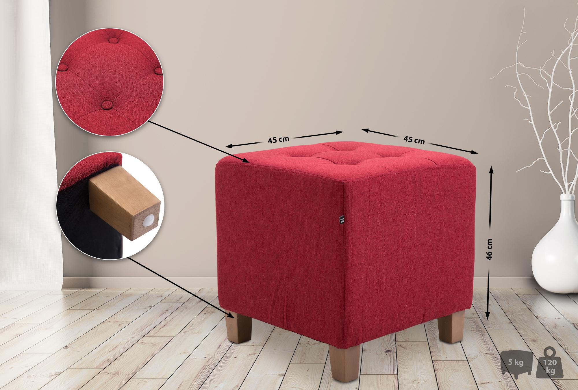 SITZWÜRFEL eckig 45/45/46 cm Stoff rot - Rot/Naturfarben, Holz/Textil (45/46/45cm) - CLP