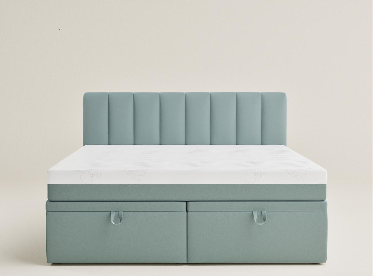 BOXBETT 200/200 cm Lovage S, in Türkis, Matratze, gepolstertes Kopfteil, Bettkasten, H3 = fest - Türkis/Schwarz, Holz/Holzwerkstoff (200/200cm) - Maison de Reve