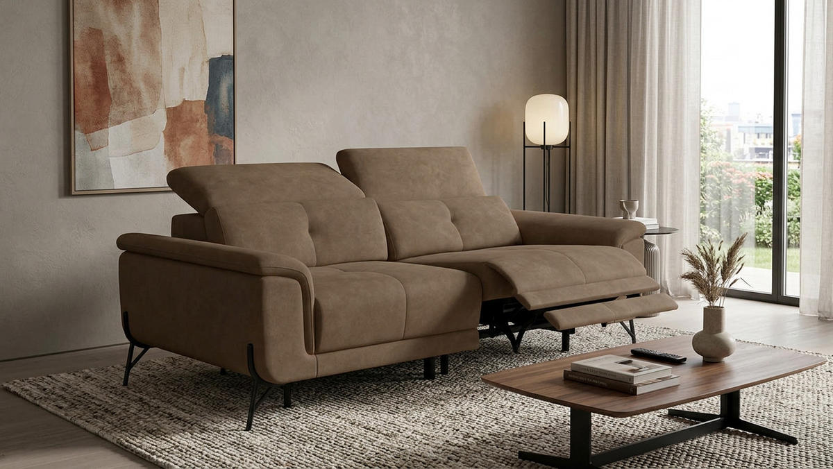 SOFA RELAX AVENA 3-Sitzer, brauner Veloursstoff - Schwarz/Braun, Holz/Textil (204/80/108cm) - Wozimo