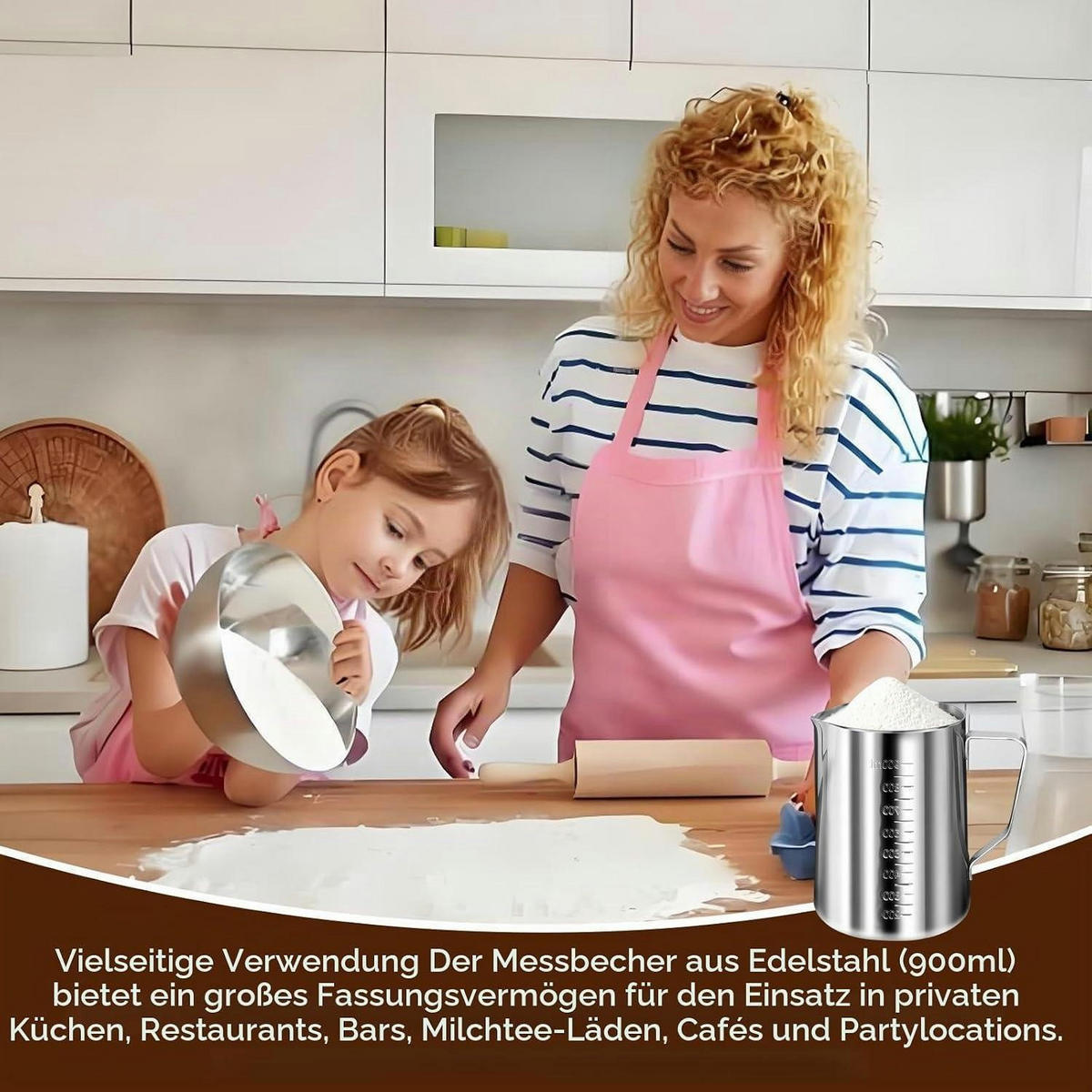 MESSBECHER Edelstahl 1L mit Rührstab - Silberfarben, Metall (0.9L)