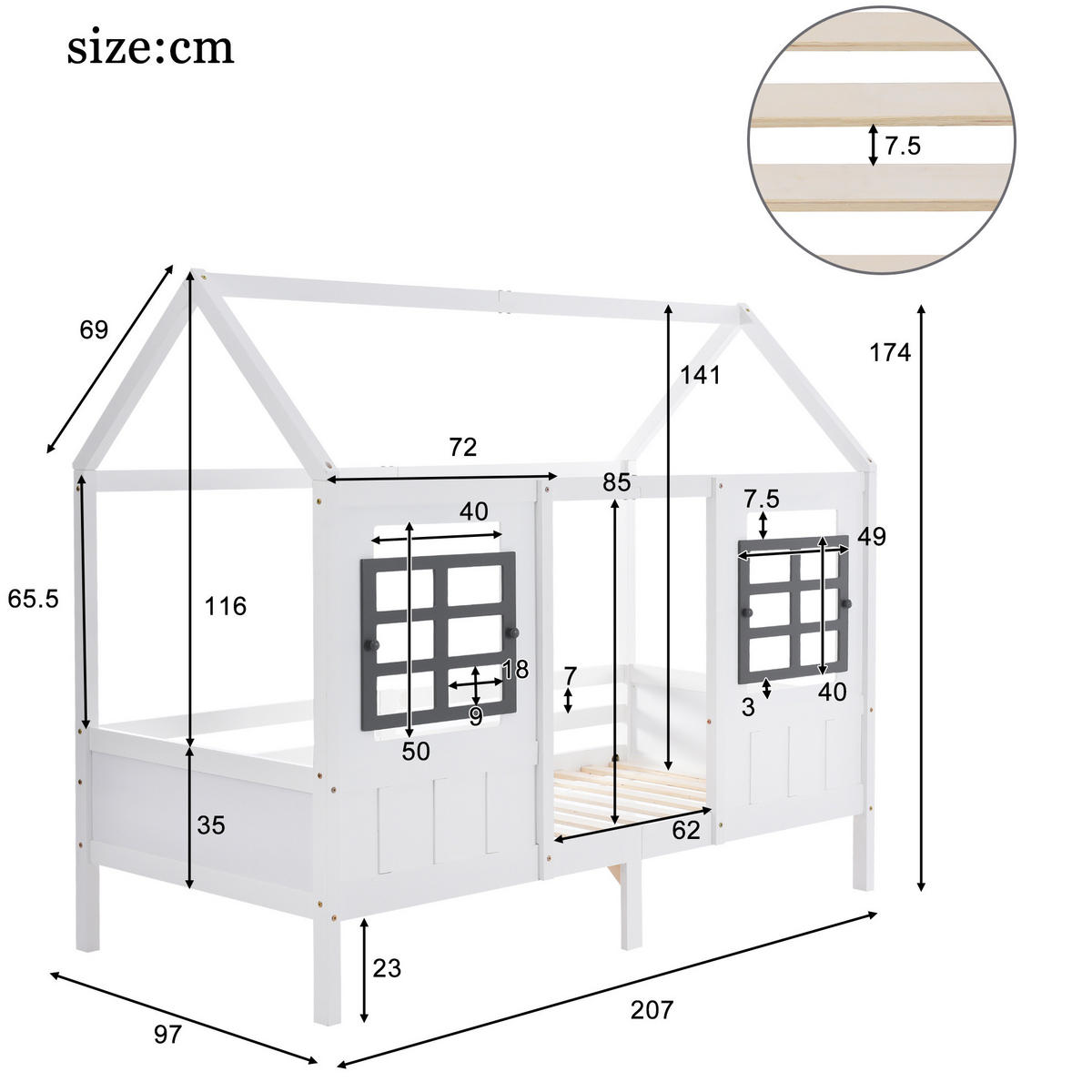 HAUSBETT aus Kiefer und MDF 200x90 cm Weiß mit 2 Fenstern und umlaufendem Fallschutz - Weiß, Holzwerkstoff (90/200cm) - Modfu