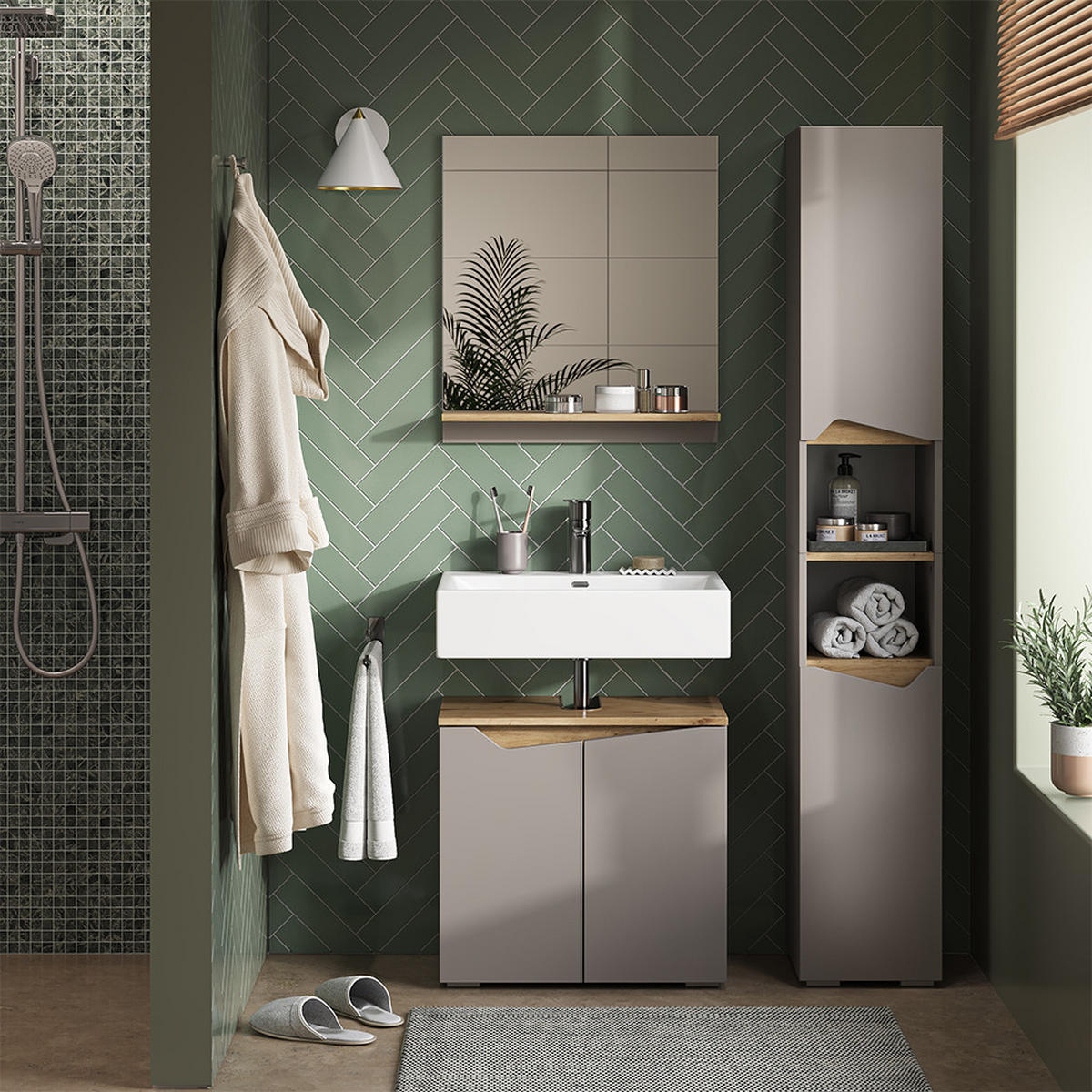 BADSCHRANK Marelle Greige 30 x 180 cm mit Türen, und offenen Fächern - Greige, Holzwerkstoff (30/180/35cm) - Vicco