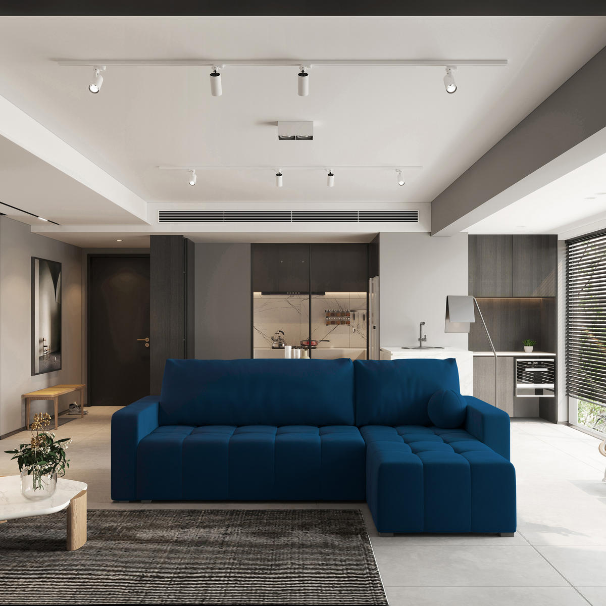 ECKSOFA VOLIRA Blau Plüsch-Stoff mit Schlaffunktion - Blau, Holz (230/143cm) - MASSENO