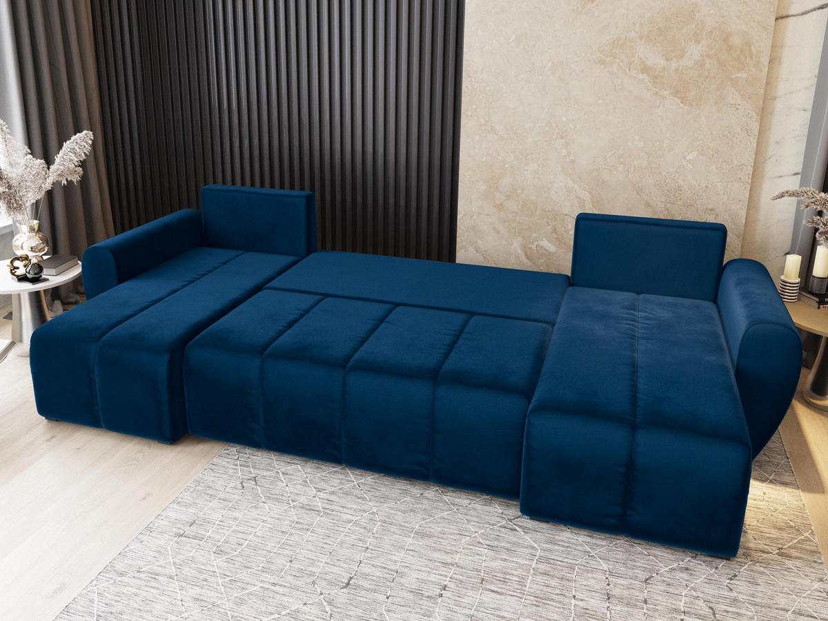 WOHNLANDSCHAFT MADISON U Blau Plüsch-Stoff mit Schlaffunktion - Blau, Holz (311/82/145cm) - MASSENO