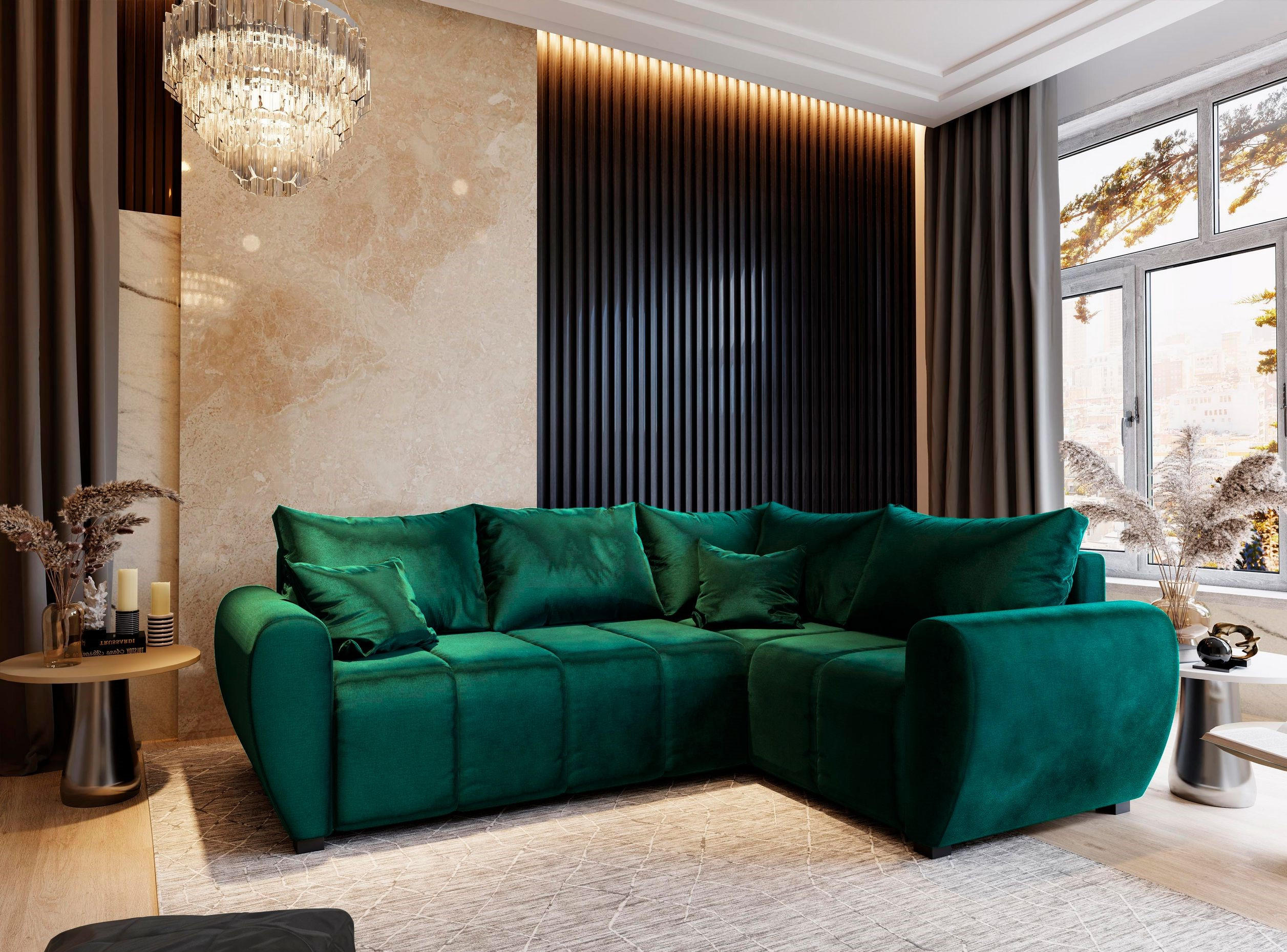 ECKSOFA MADISON L R-S Grün Plüsch-Stoff mit Schlaffunktion - Grün, Holz (235/175cm) - MASSENO