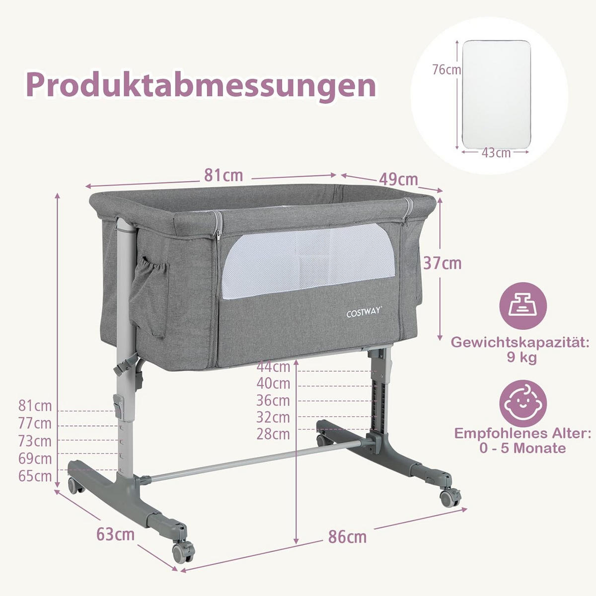 BABYBETT 3 in 1 Beistellbett Hellgrau - Dunkelgrau, Metall - COSTWAY