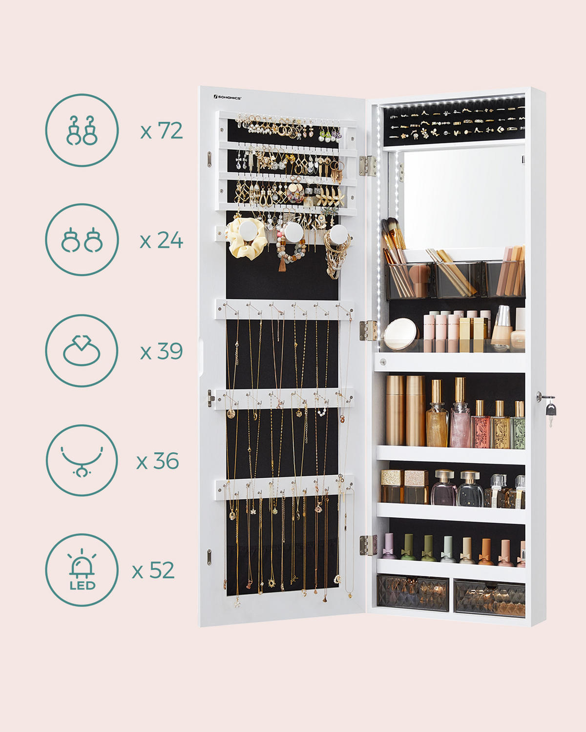 SCHMUCKSCHRANK Betty - Weiß, Holzwerkstoff (10/108/37cm) - SONGMICS