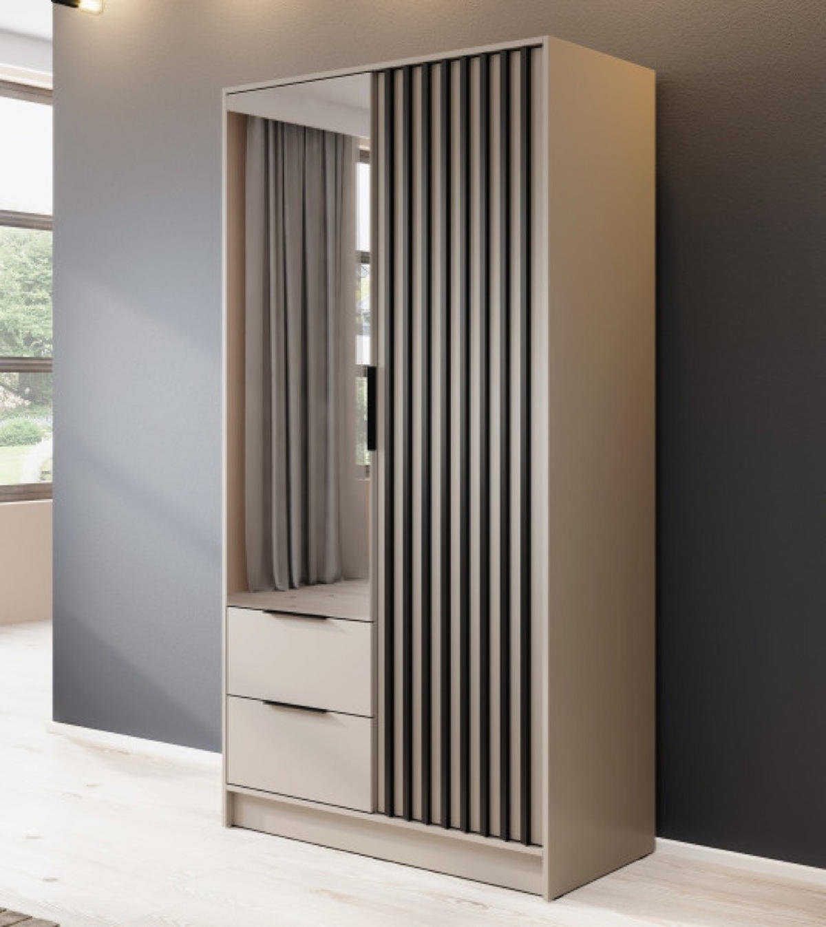 SCHRANK Kaschmir KELLY Mit Lamellen Und Spiegel 105 cm - Kaschmir/Transparent, Holzwerkstoff (105/200/51cm) - Sepro Meble