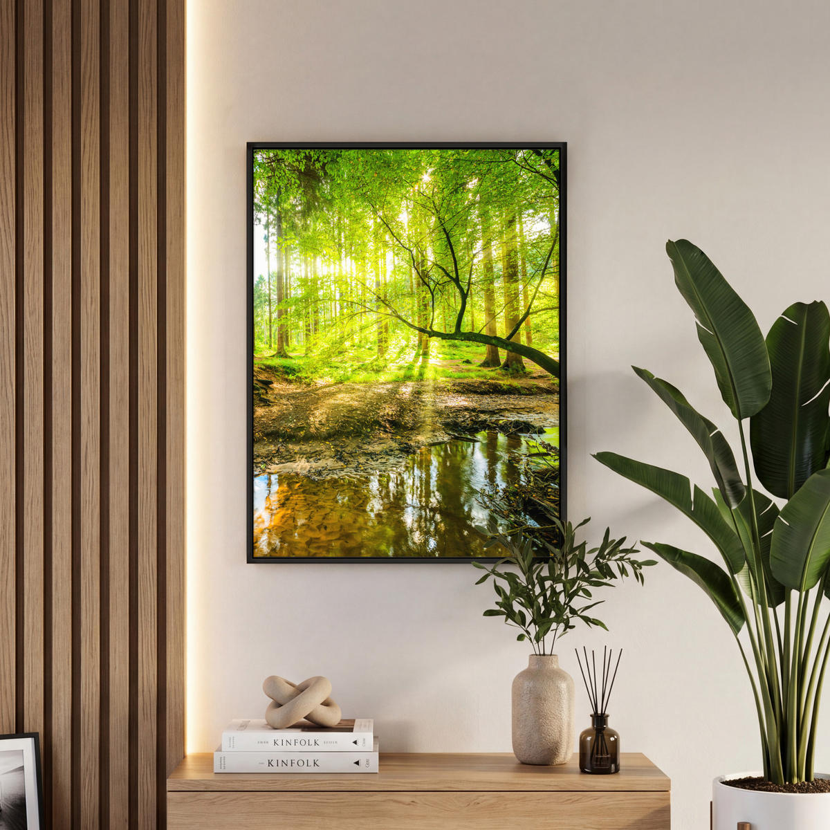 LEINWAND Bilder mit Rahmen - Wald - Landschaft - Wasser - Bäume - Sonne - Grün - Natur - 50x70 - Grün, Textil (50/70cm) - MuchoWow