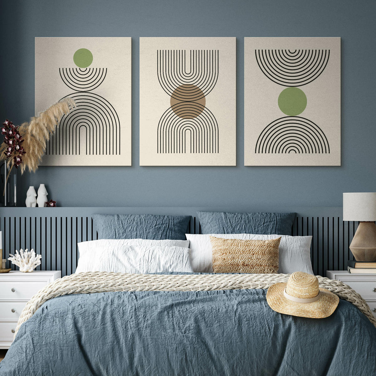 LEINWANDBILDER 3-es Set Geo-Muster Boho - Beige/Schwarz, Textil (90/40cm) - Muralo