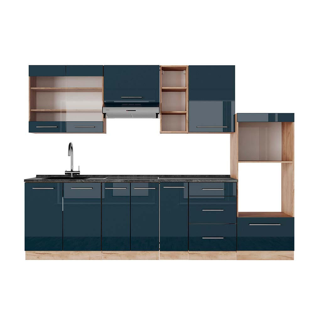 KÜCHENZEILE Fame-Line Dunkelblau Hochglanz/Goldkraft Eiche 280 cm AP Anthrazit - Eiche Wotan/Dunkelblau, Holzwerkstoff (280/81.6/60cm) - Vicco