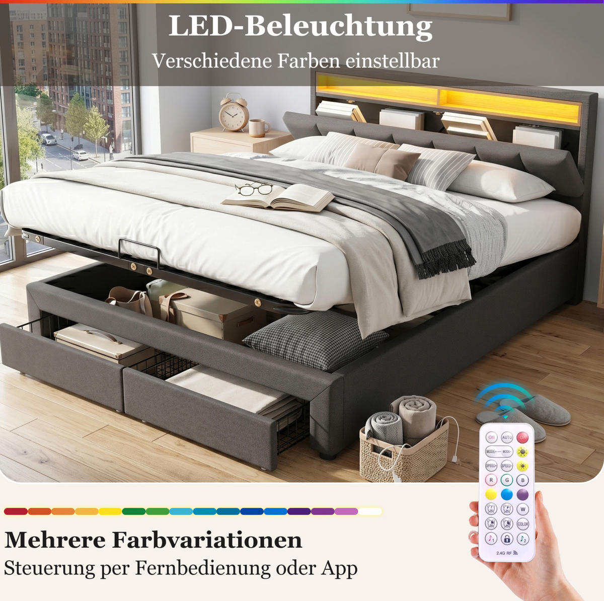 POLSTERBETT 180/200 cm mit LED-Beleuchtung, Lattenrost und Bettkasten, Dunkelgrau - Dunkelgrau, Textil (180/200cm) - Redom