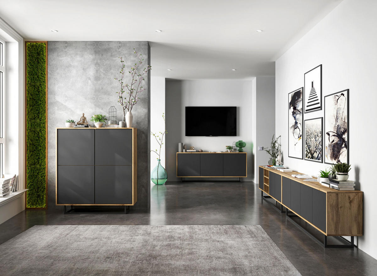 TV-LOWBOARD Apollo Eiche wotan Graphit Matt 150/53/35 cm - Graphitfarben/Schwarz, Holzwerkstoff/Metall (150/53/35cm) - Meble Lindner