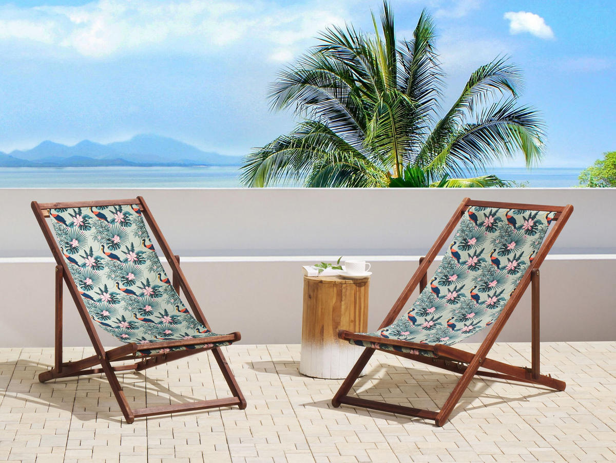 GARTENLIEGE 2er-Set dunkelbraun Textil weiß/bunt Pelikanmotiv Anzio - Dunkelbraun/Multicolor, Textil (54/70/97cm) - Beliani