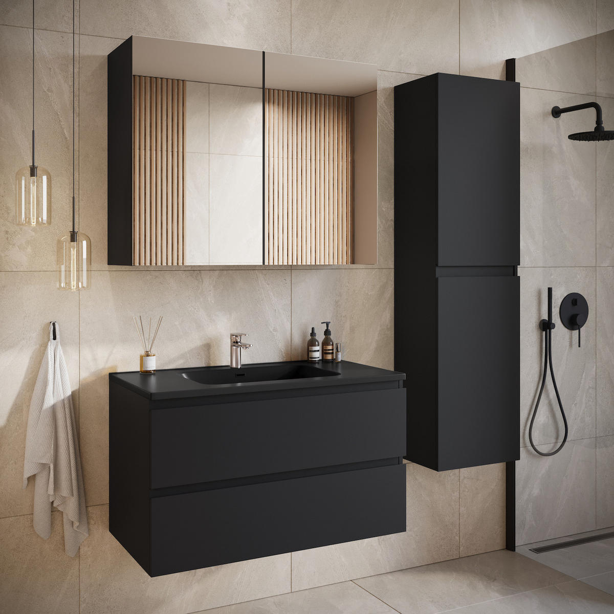 WASCHTISCHKOMBI Angela 2 Teile - Schwarz Matt Mit Schwarzem Waschbecken - 80 x 48 x 52 cm - Schwarz, Holz (80/52/48cm) - Badplaats