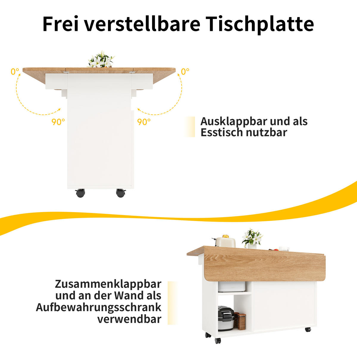 KÜCHENINSEL 120x70x79.5cm Weiß mit Klappplatte, Ablageflächen, Schränken & 5 Rollen - Weiß, Holzwerkstoff (120/79.5/70cm) - Modfu