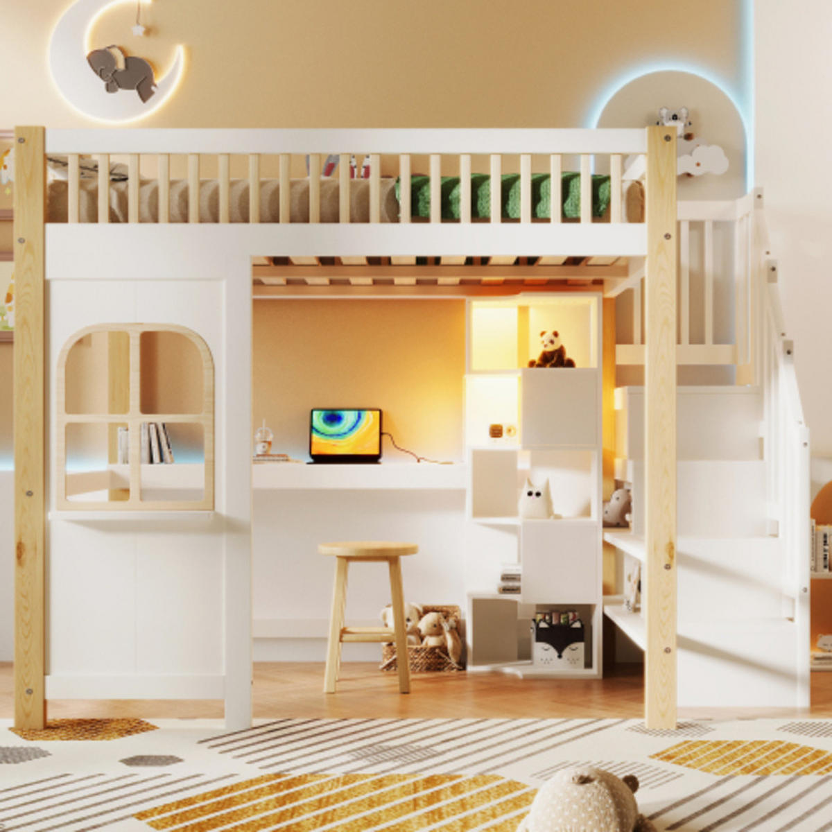 HOCHBETT 140 × 200 cm aus Kiefernholz mit Spielhaus-Unterbau, LED-Leiste und Stauraumleiter, weiß-natur - Weiß, Holz - Luhomfu