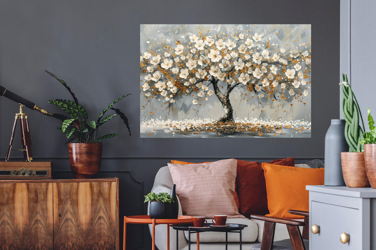 WANDTATTOO Baum - Blumen - Weiß - Natur - Kunst 120x80 cm - Weiß, Kunststoff (120/80/0.1cm) - MuchoWow