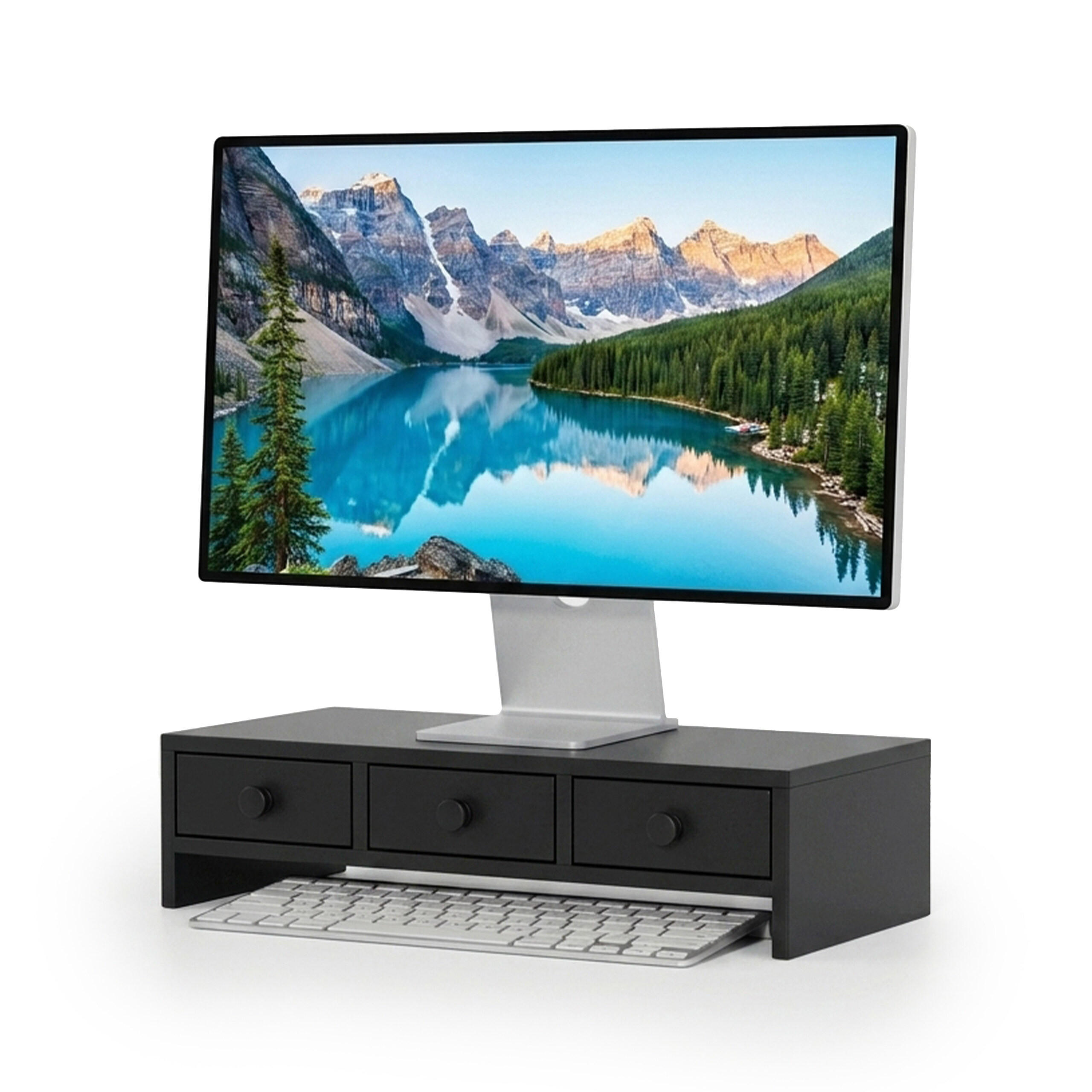 MONITORSTÄNDER Schwarz MDF 3 Schubladen 51x24x12,5 cm - Schwarz, Holzwerkstoff (24/51/12.5cm) - Relaxdays